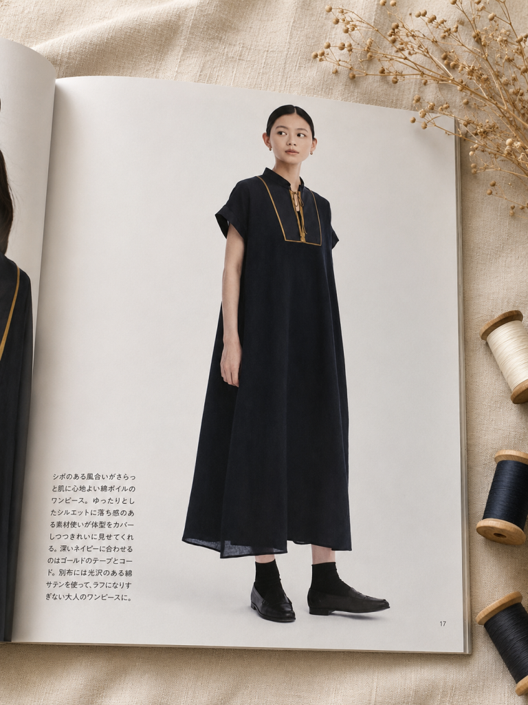 a model in a loose navy cotton-voile dress with gold cord trim at the neckline.