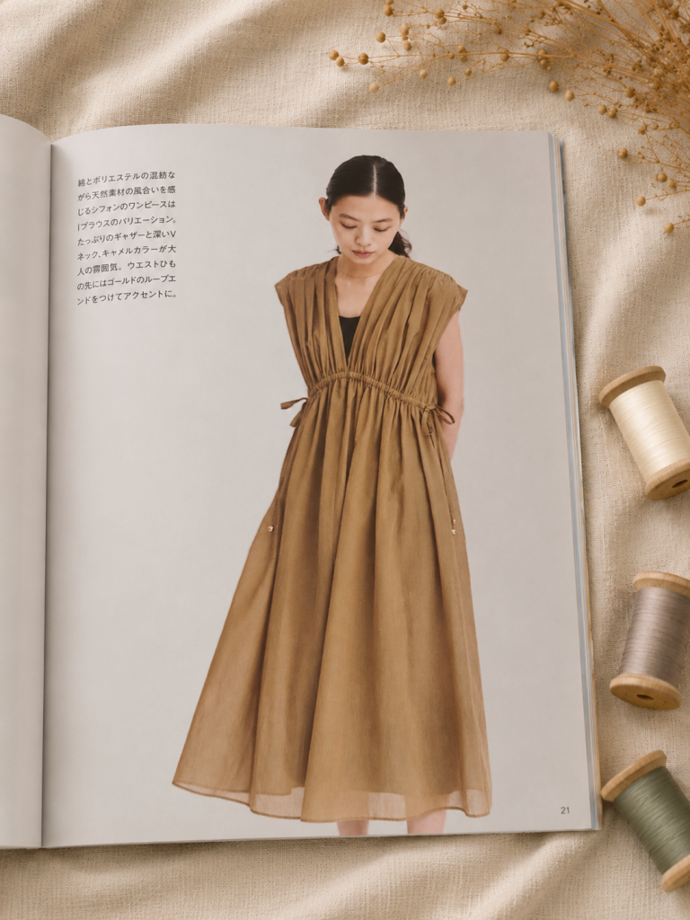 a model in a sheer camel-brown sleeveless dress with a gathered v-neck and a drawstring waist.