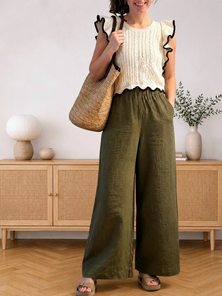 cream ruffle knit top worn with olive linen florence pants and a straw bag