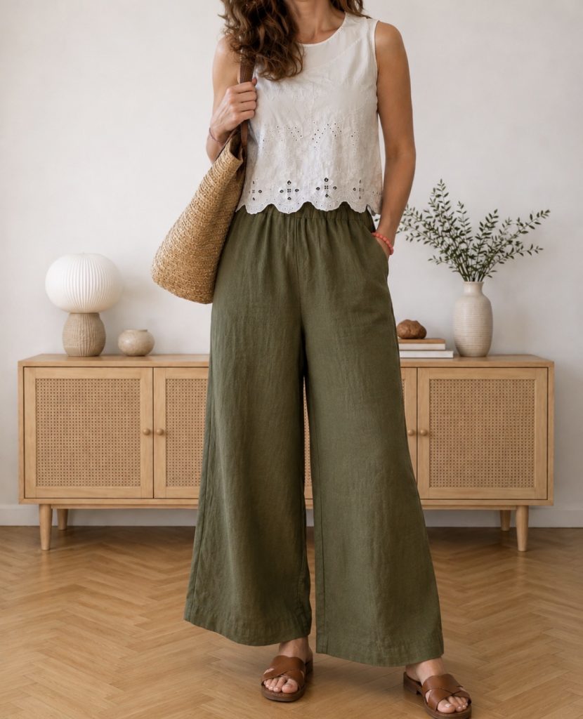 white broderie anglaise tank worn with olive linen florence pants
