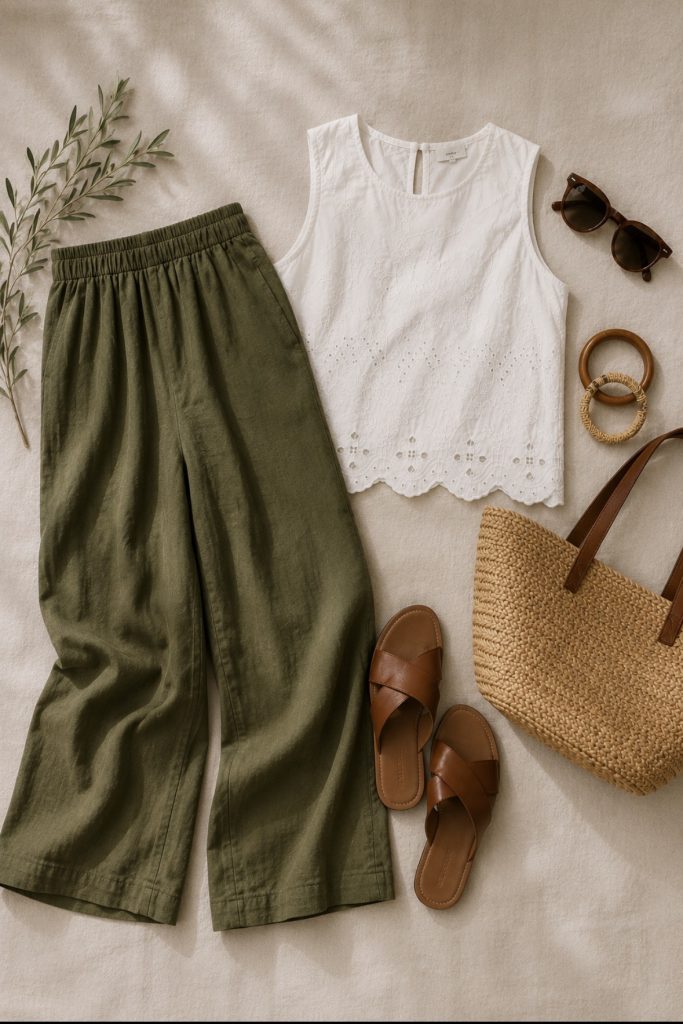 flat lay of a white broderie tank with olive linen florence pants and wooden bangles