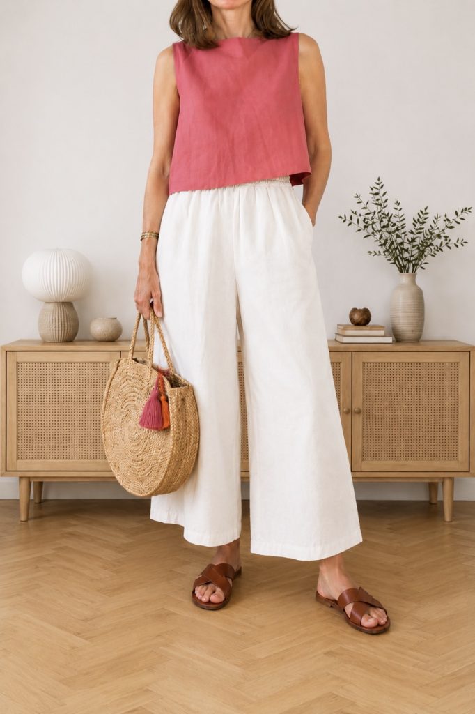 rose-pink boxy shell top with white linen florence pants and a round raffia bag