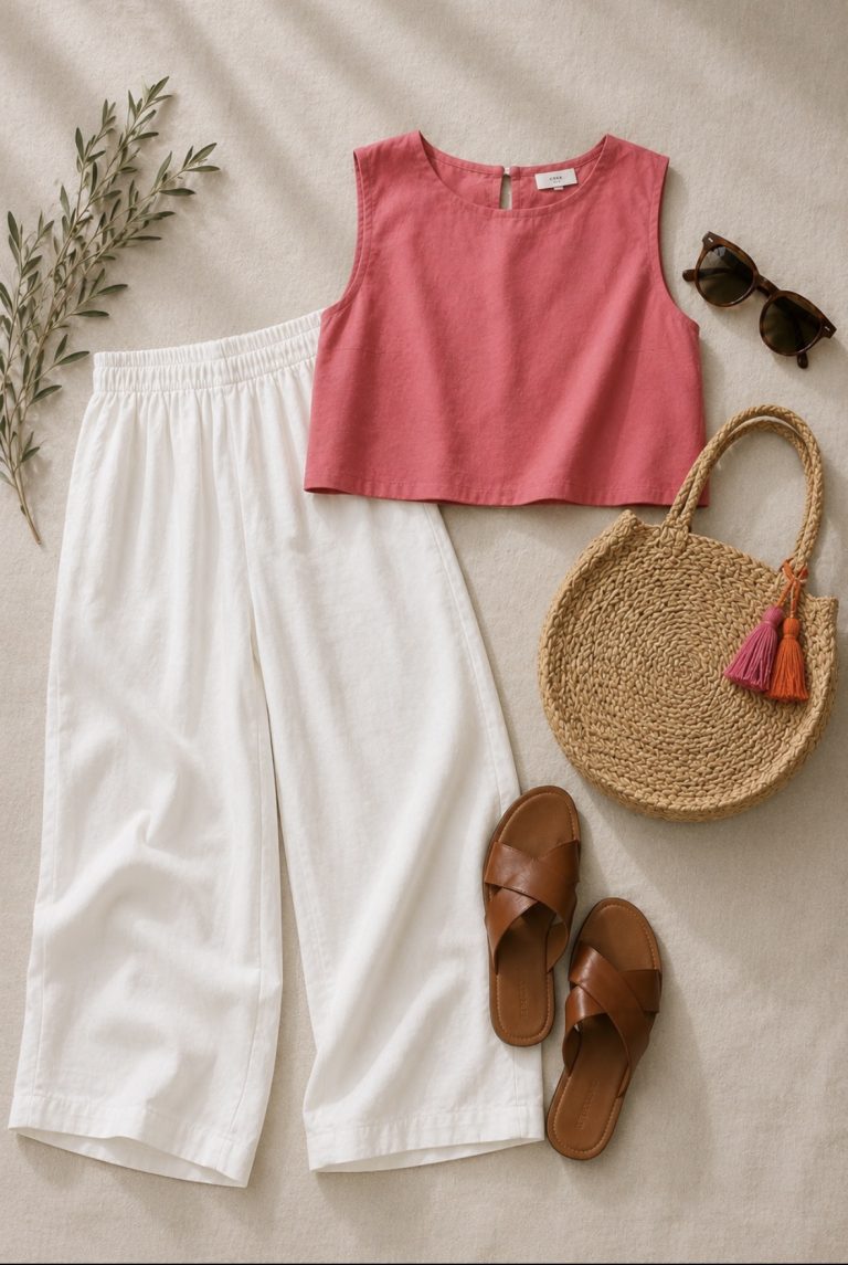 flat lay of a rose-pink top with white linen florence pants and a round raffia bag