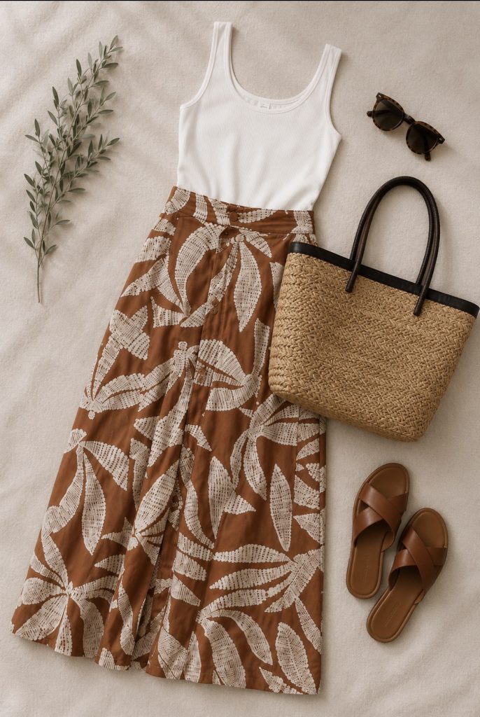 flat lay of a white ribbed tank with a brown leaf-print la jupe skirt and a straw bag