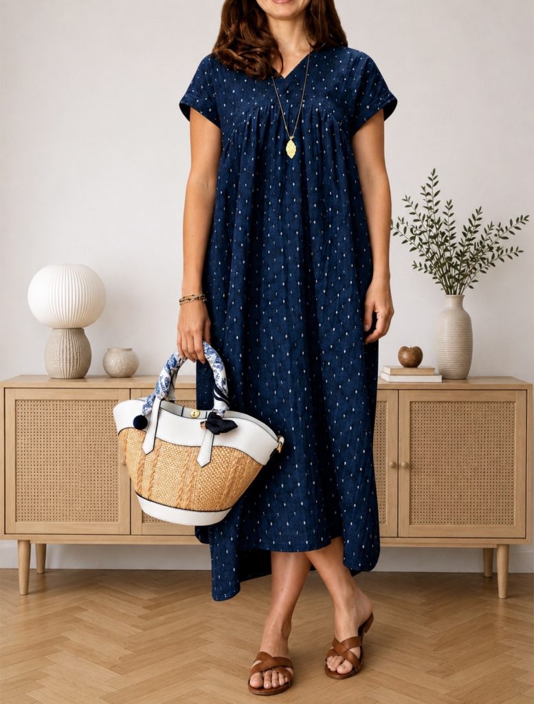 navy linen dress worn on its own with a straw tote and a scarf tied to the handle