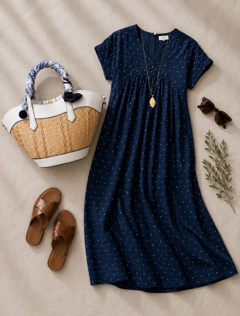 flat lay of a navy linen dress with a straw bag and leather sandals