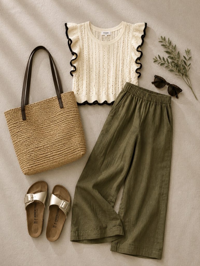 flat lay of a cream pointelle knit top with olive linen florence pants