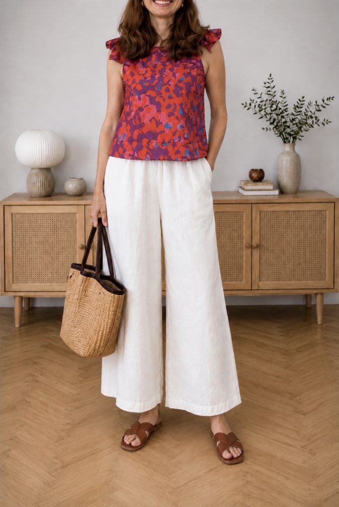 red floral flutter-sleeve top with white linen florence pants and a raffia tote