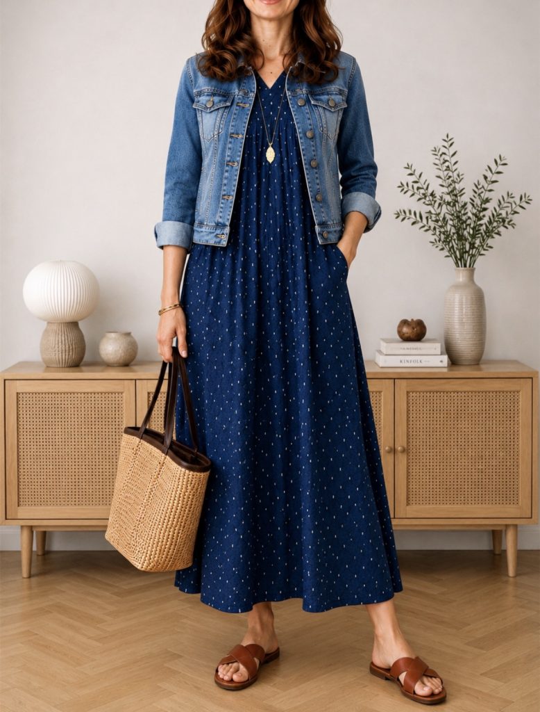 denim jacket layered over a navy linen dress with a woven tote
