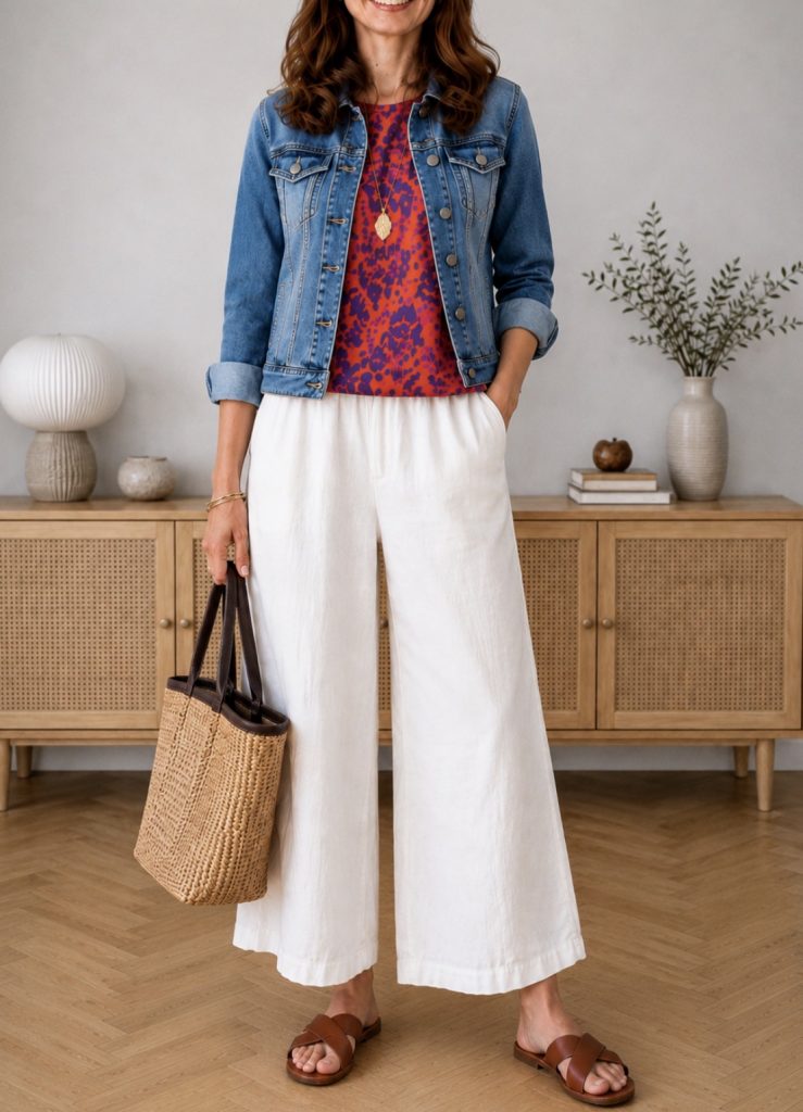 denim jacket over a red floral top with white linen florence pants and a raffia tote