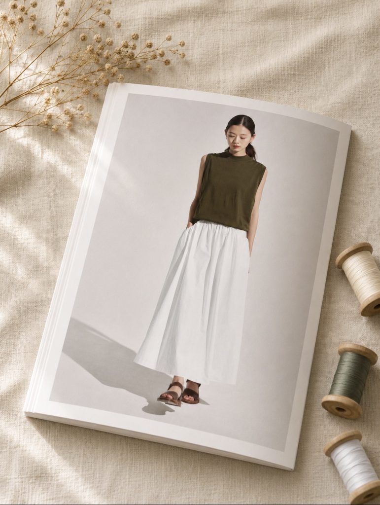 a model in an olive sleeveless top and a full white cotton skirt against a grey backdrop.