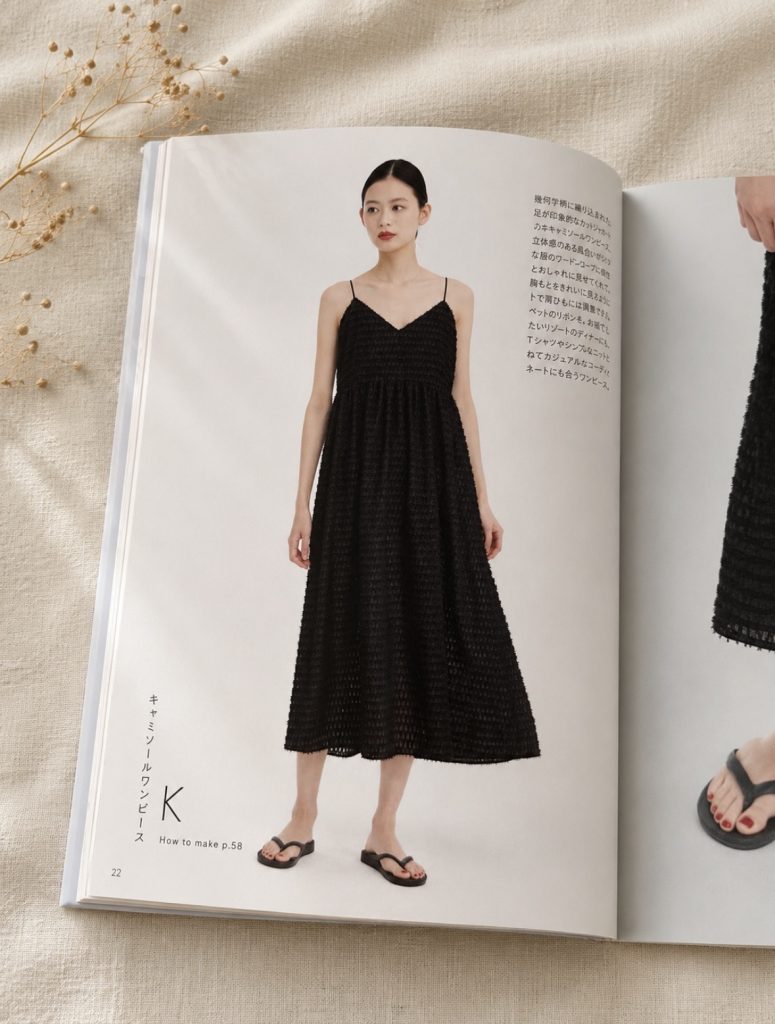 a model in a textured black camisole dress with thin straps.