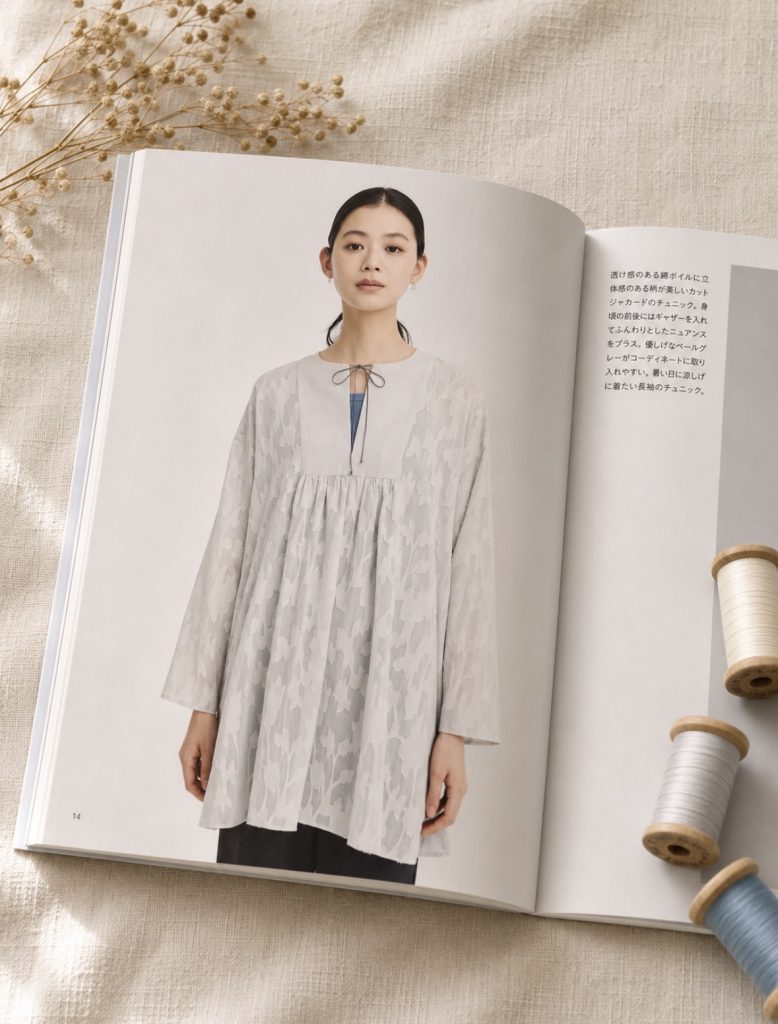 a model in a sheer pale-grey cut-jacquard tunic with a gathered yoke and a tie neck.