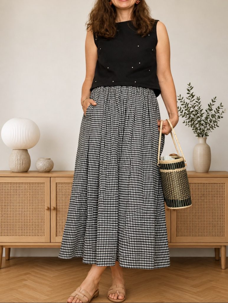 petite woman in the same black pin-dot top over a full black-and-white gingham midi skirt, holding a green-and-natural woven basket bag.