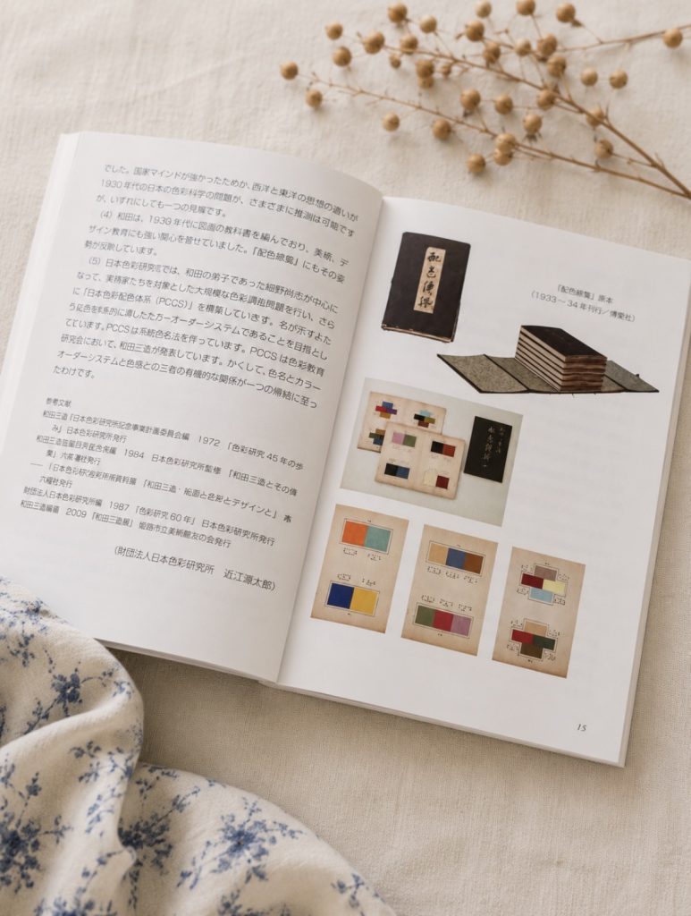 an open spread showing a japanese essay on sanzo wada's colour research alongside photographs of his original 1930s colour volumes and sample cards.