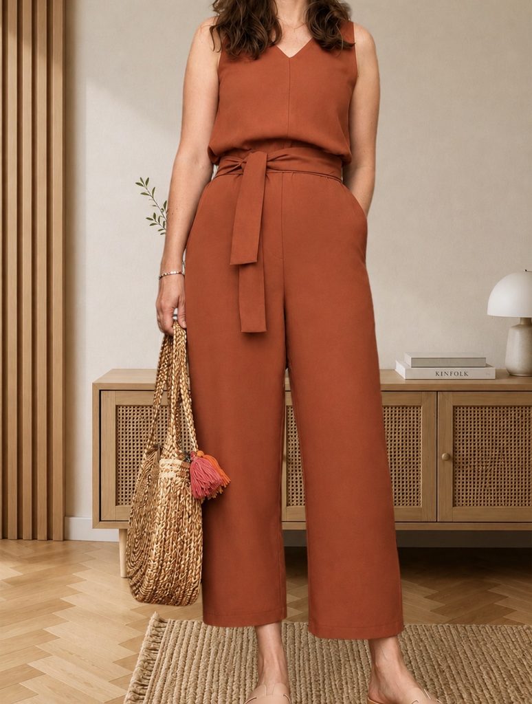 rust sleeveless jumpsuit with a tie belt at the waist and cropped wide legs, woven straw bag