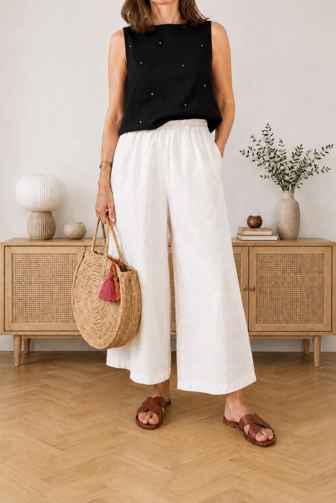 white wide-leg linen trousers with a black sleeveless top, round straw bag and brown leather sandals