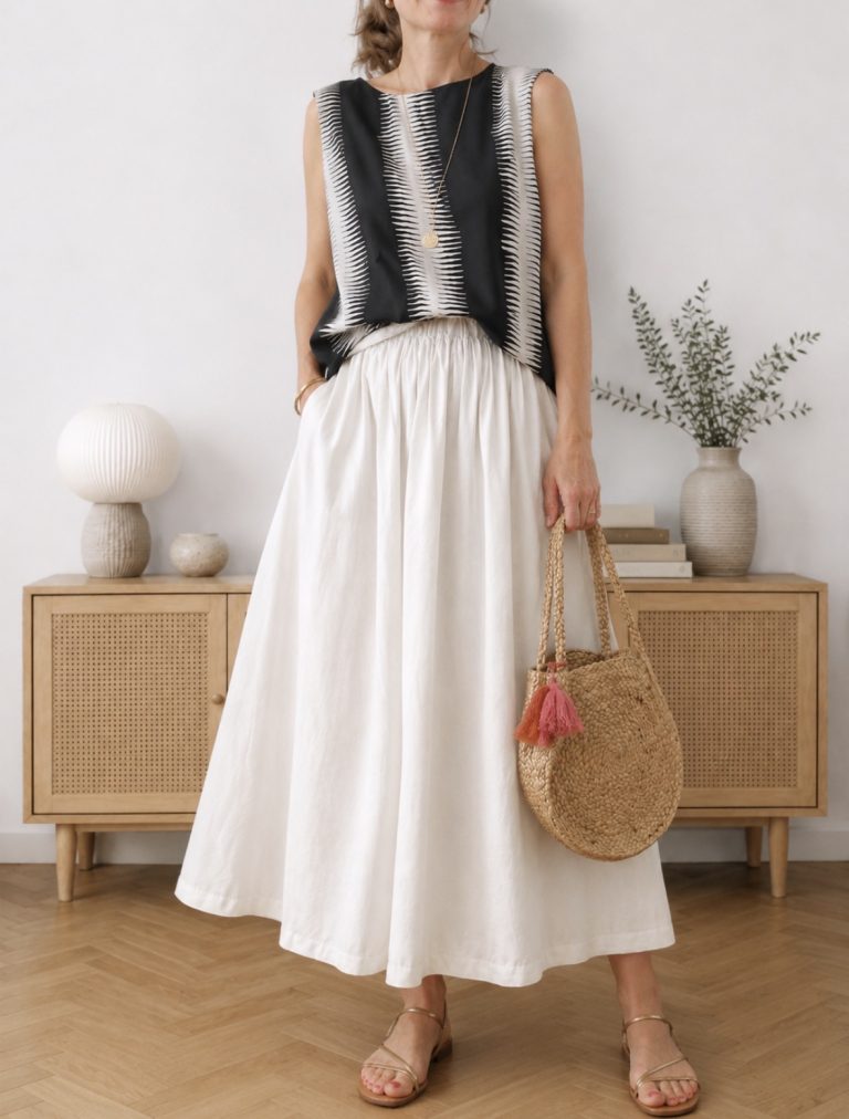 a petite woman in a white linen maxi skirt with a high waist and floor-length hem, worn with a sleeveless top and a straw bag