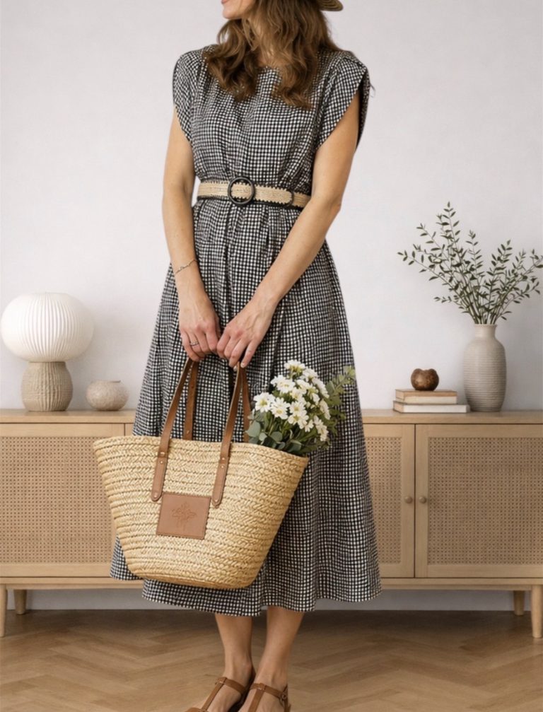 black gingham dress belted high at the natural waist on a petite frame