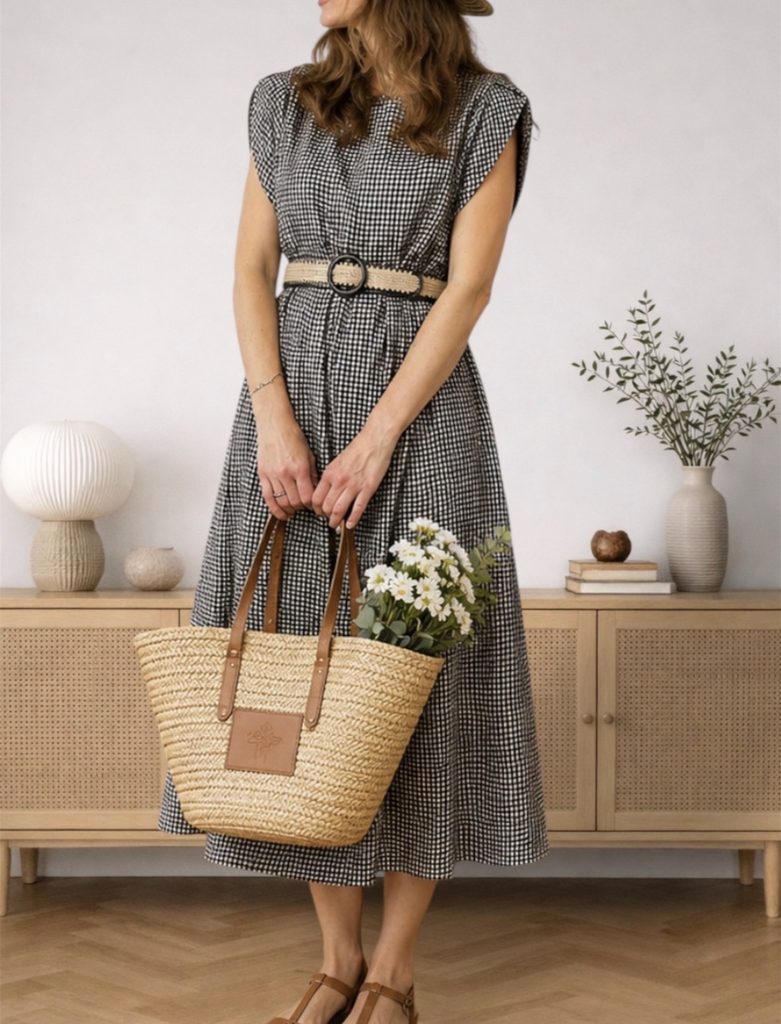 black gingham dress belted high at the natural waist on a petite frame