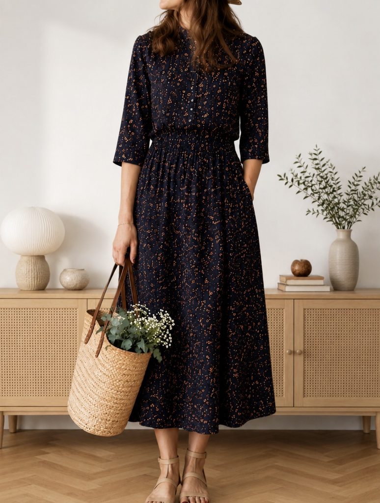 navy floral midi dress with a built-in shirred waist on a petite frame