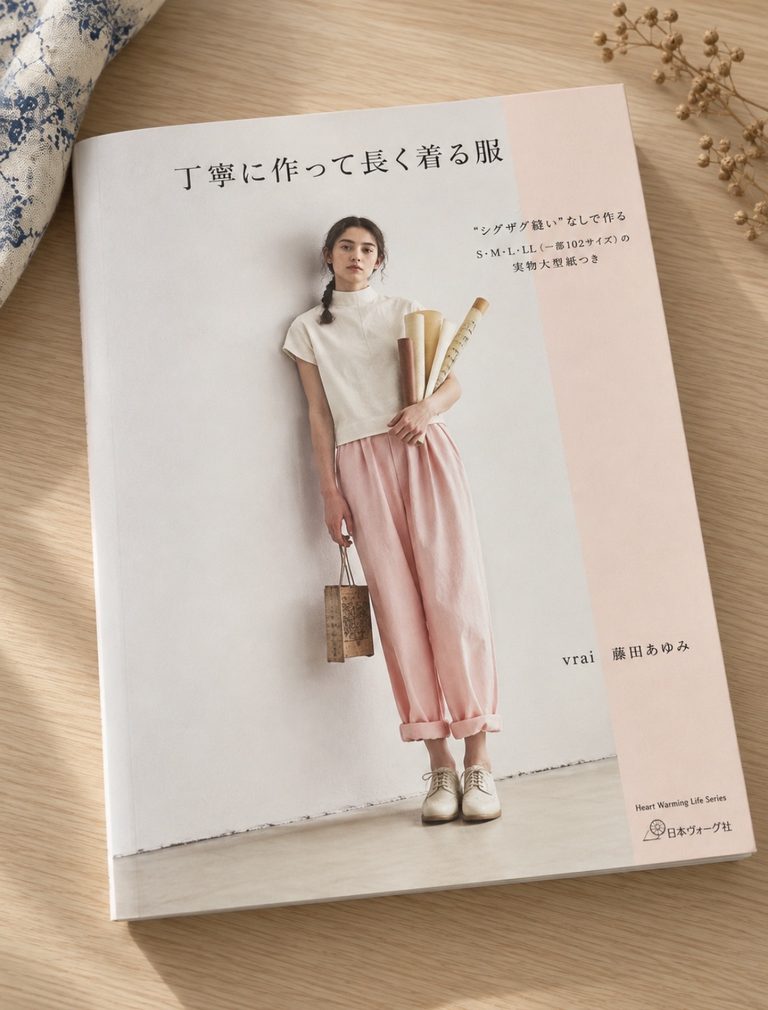Cover of the Japanese sewing book 丁寧に作って長く着る服 (Teinei ni tsukutte nagaku kiru fuku) by vrai / Fujita Ayumi, published by Nihon Vogue-sha.
