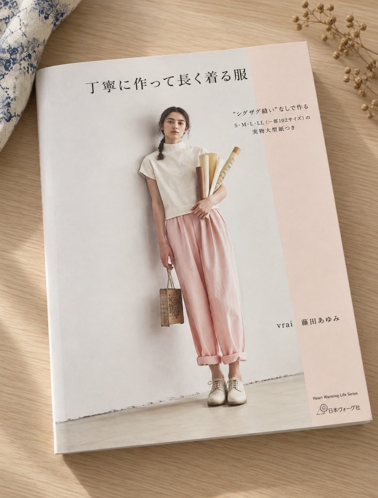 Cover of the Japanese sewing book 丁寧に作って長く着る服 (Teinei ni tsukutte nagaku kiru fuku) by vrai / Fujita Ayumi, published by Nihon Vogue-sha.