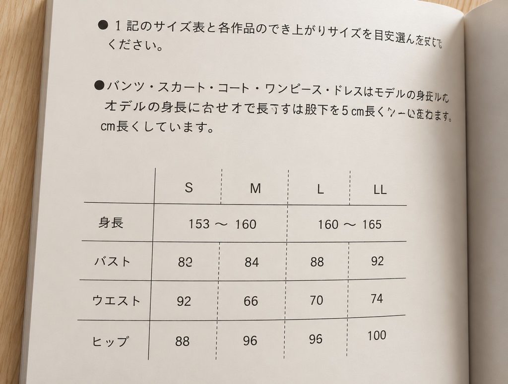 A size chart in a Japanese sewing book — S, M, L and LL columns listing height (身長), bust (バスト), waist (ウエスト) and hip (ヒップ) in centimetres.