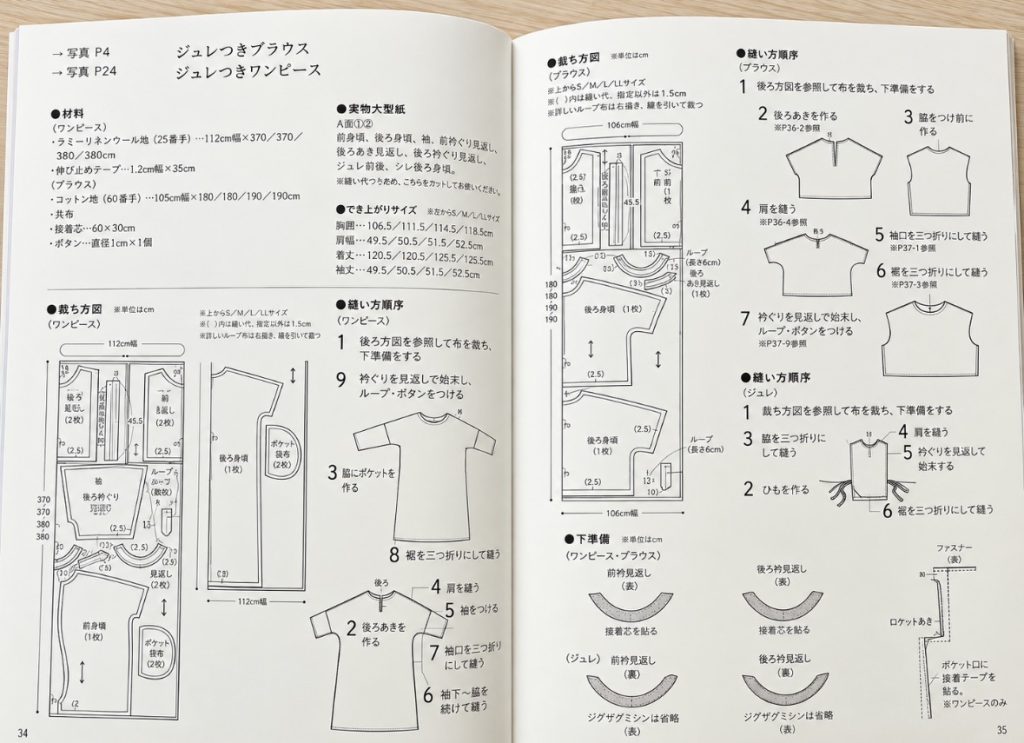 A spread from a Japanese sewing book showing the cutting layout (裁ち方図), finished measurements (でき上がりサイズ) and step-by-step sewing diagrams (縫い方順序).