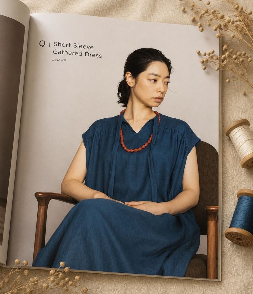 The Short Sleeve Gathered Dress from A Year of Sewing with Nani Iro in indigo linen