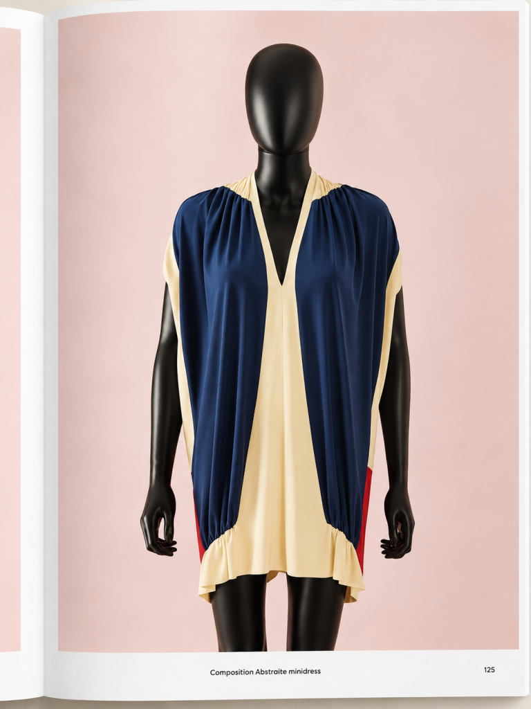 Navy and cream gathered minidress on a dress form, the Composition Abstraite project in Pattern Cutting Deconstructed