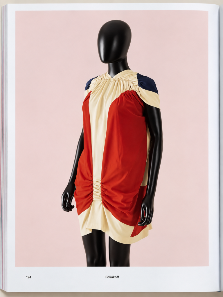 Red and cream gathered dress with navy shoulders on a dress form, a project from Pattern Cutting Deconstructed