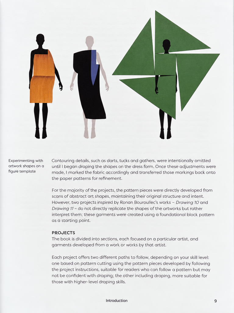 Introduction page of Pattern Cutting Deconstructed with artwork shapes tried out on figure templates and text about the two ways of working