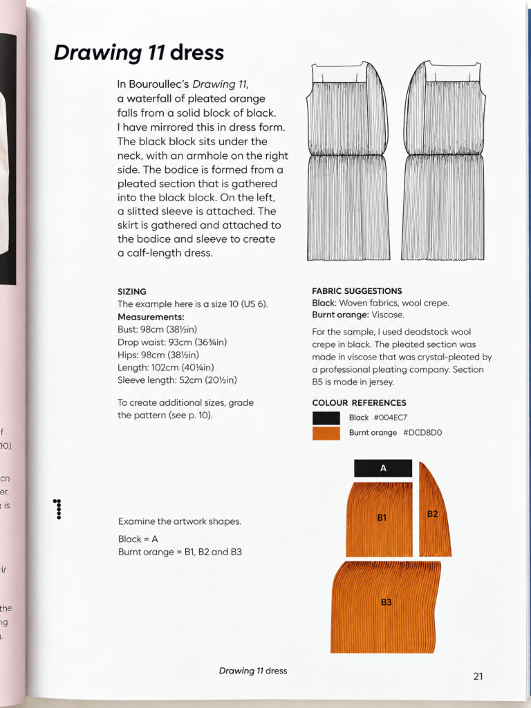 Pattern page of the Drawing 11 dress in Pattern Cutting Deconstructed with measurements, fabric suggestions, colour references and pattern shapes