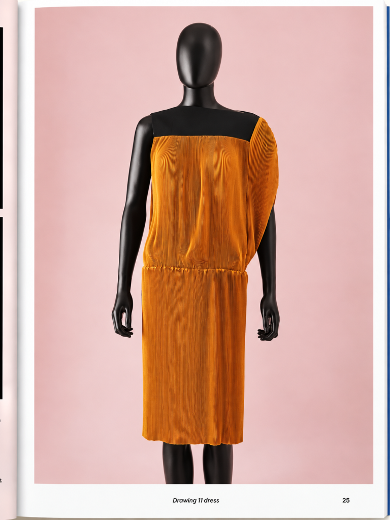 Pleated orange dress with a black yoke on a dress form, the Drawing 11 dress from Pattern Cutting Deconstructed