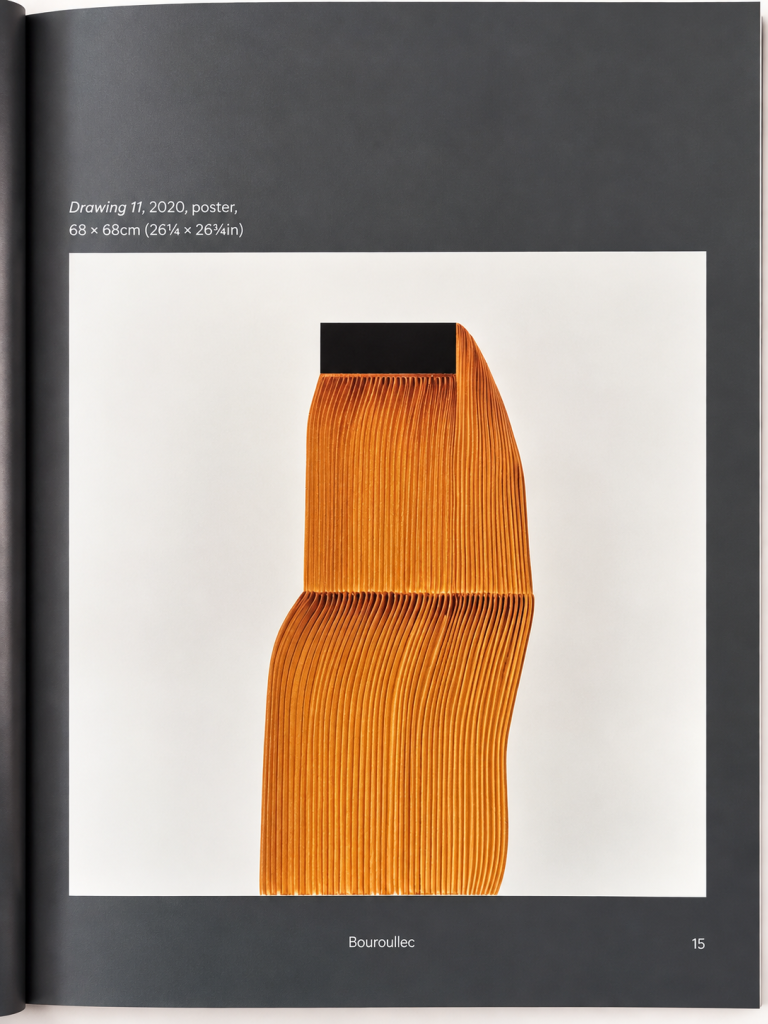 Page from Pattern Cutting Deconstructed showing Ronan Bouroullec's Drawing 11 poster, a pleated orange shape with a black block at the top